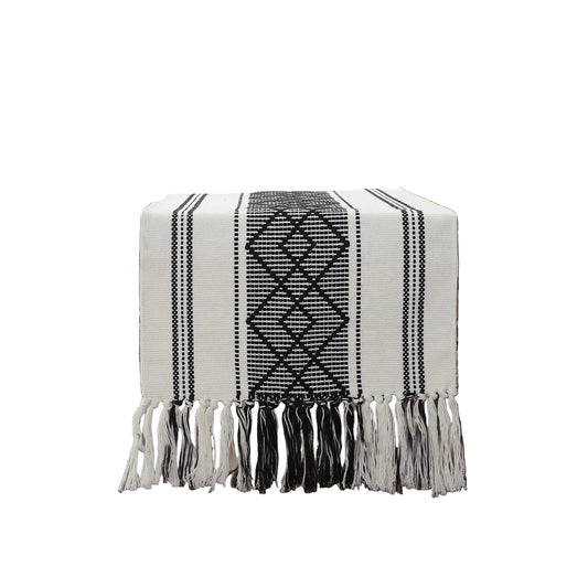 Wracra Rustic Linen Table Runner - 33cm × 183cm - Embroidered with Hand-Tassels
