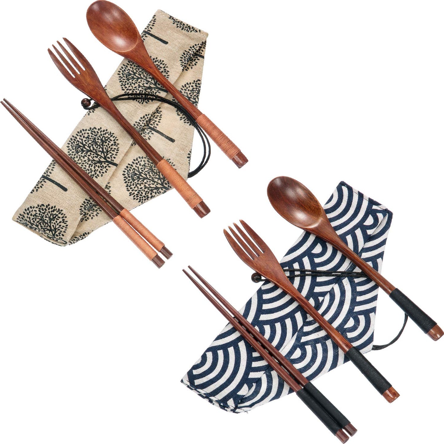 Tatuo 2 Sets Wooden Utensil Set - Travel Cutlery with Pouch