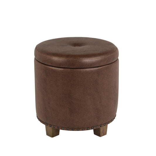 HomePop Upholstered Round Storage Ottoman - Brown Faux Leather