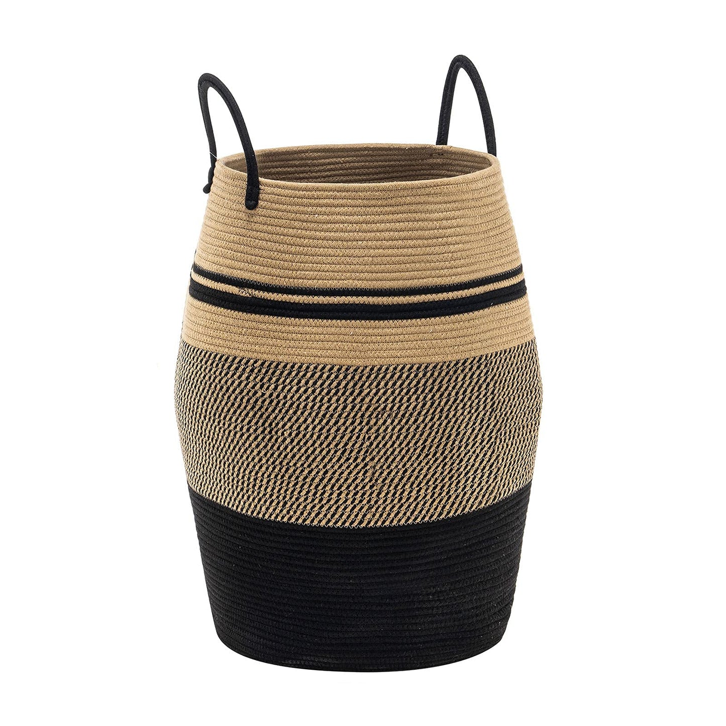 Woven basket with black and beige pattern on a white background