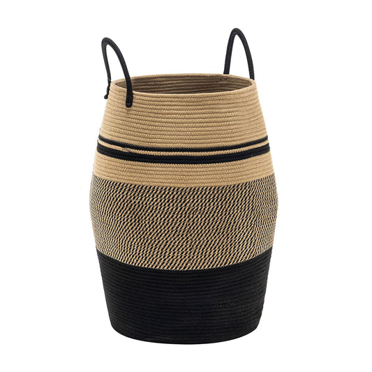 Woven basket with black and beige pattern on a white background