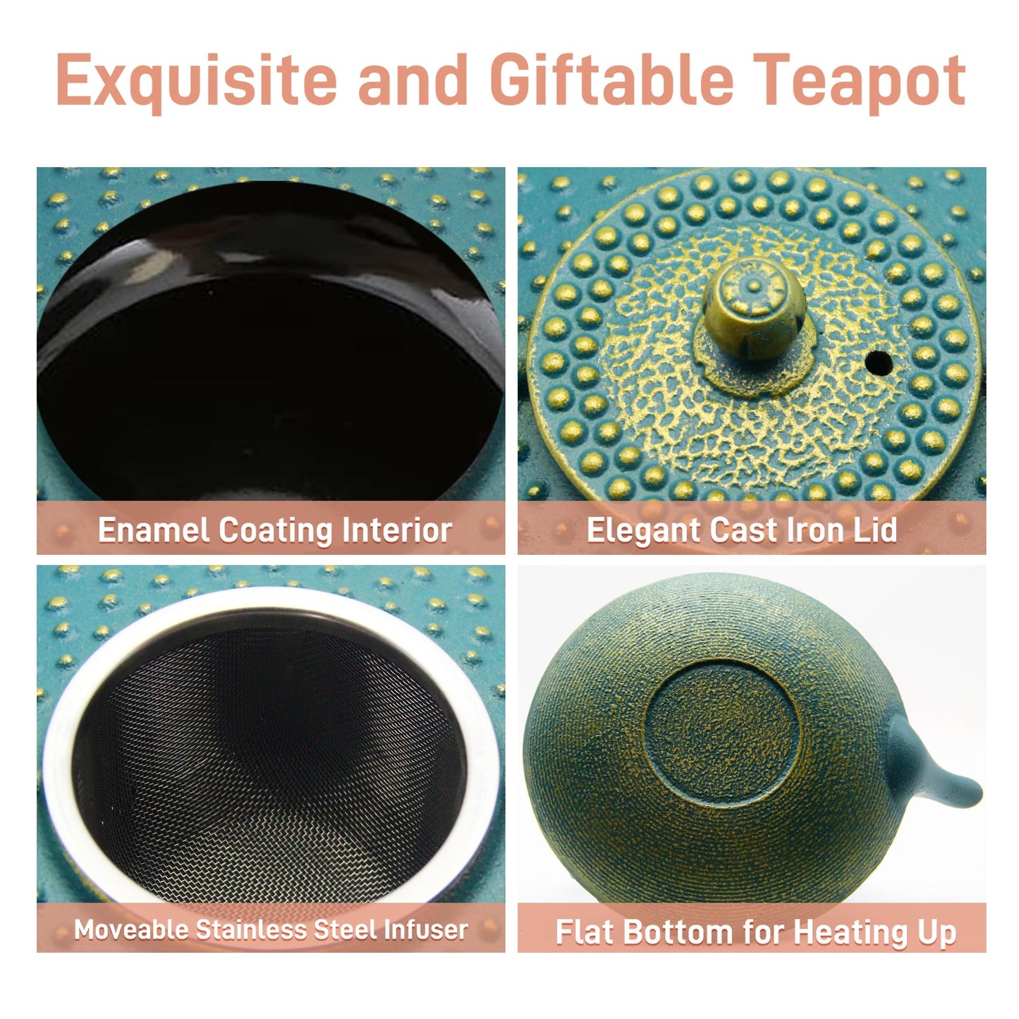 SECHUDO 800ml Small Cast Iron Teapot - Japanese Style Tea Kettle with Stainless Steel Infuser - Flat Pattern - Colourful