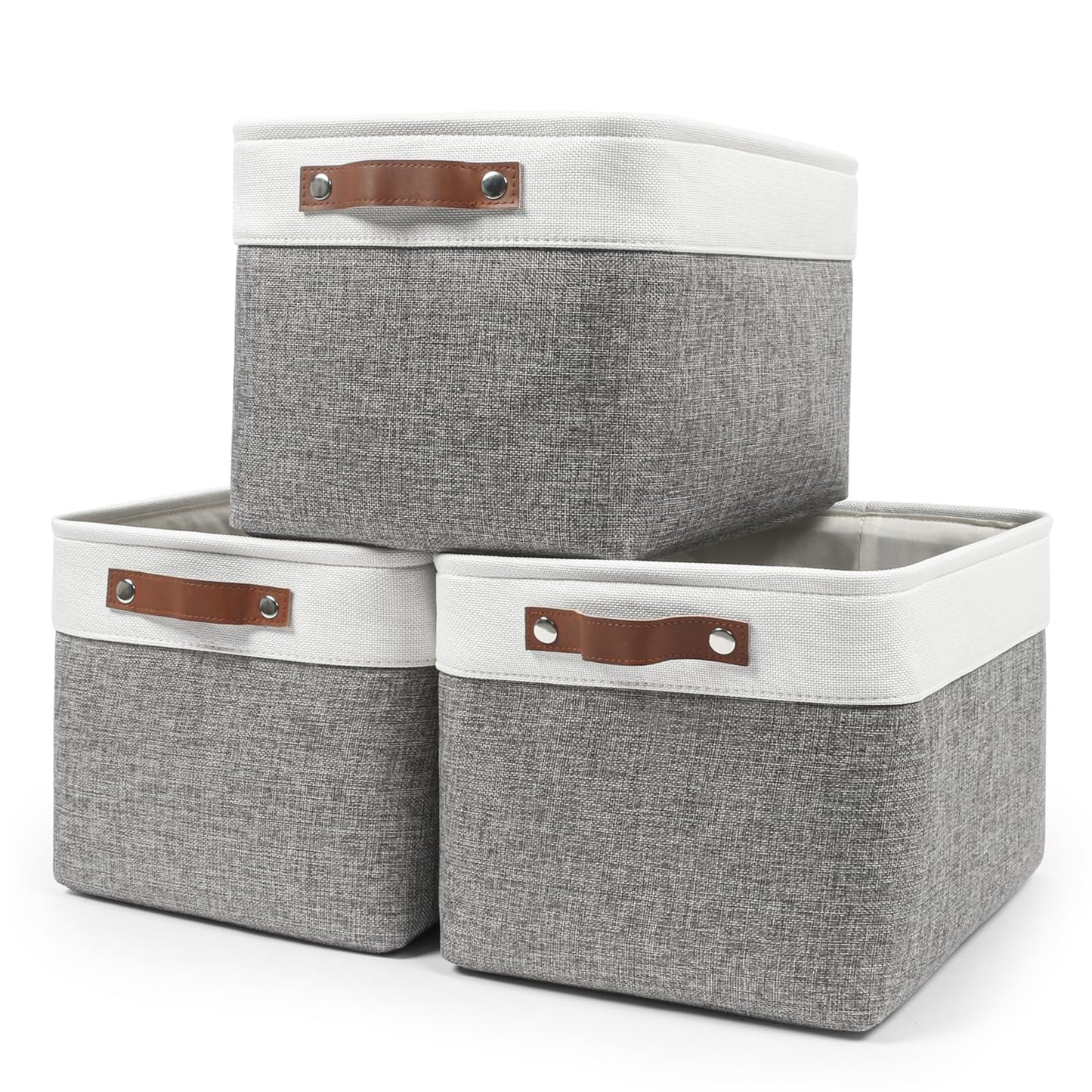 Bagnizer Large Fabric Storage Baskets - Grey & White - 3 Pack - 38 cm x 28 cm x 24 cm - Linen Closet Baskets with Handles
