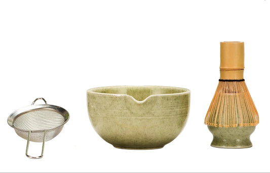 DiDiBirDi Matcha Tea Set 5 Pcs - Japanese Traditional Ceramic Bowl, Bamboo Whisk (Chasen), Scoop (Chashaku), Whisk Holder, Stainless Steel Sifter