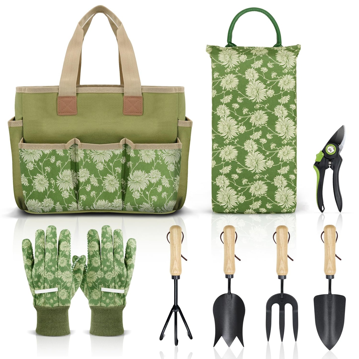 Colwelt Garden Tools Set - 8 Piece Heavy Duty Gardening Tools with Wooden Handle - Green