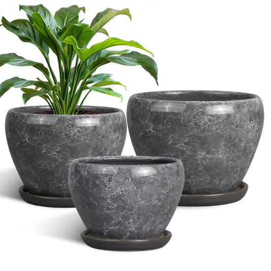 EPFamily Ceramic Pots for Plants - 25cm + 20cm + 15cm Round Decorative Planters with Drainage Holes and Saucers - Set of 3