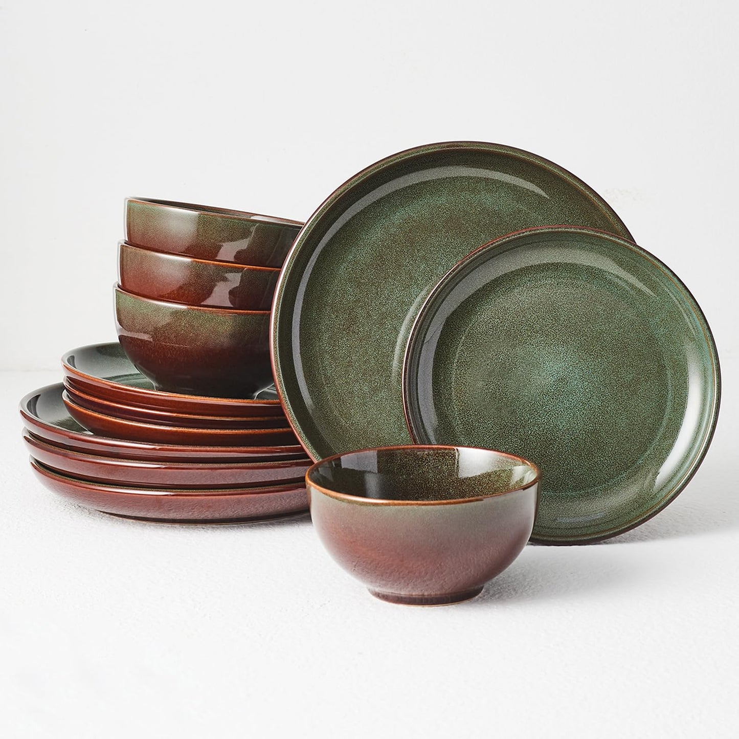 Pokini Stoneware Dinnerware Set - Service for 4 - 12 Pieces - Reactive Glaze