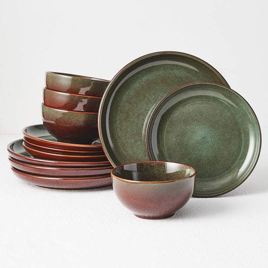 Pokini Stoneware Dinnerware Set - Service for 4 - 12 Pieces - Reactive Glaze