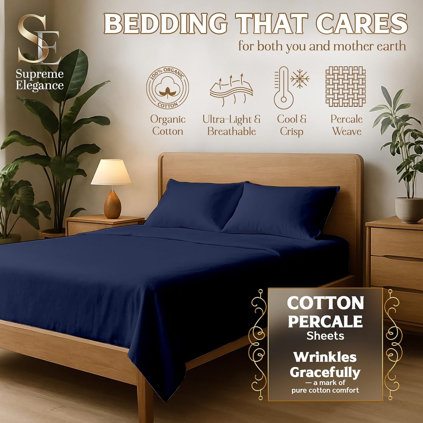 SUPREME ELEGANCE 100% Organic Cotton Sheets for Twin Size Bed, Pastel Green | 14" Deep Pocket Cool & Crisp Percale Sheets for Dorm, Breathable, Moisture Absorbent, Organic Bedding Set, OEKO-TEX Certified