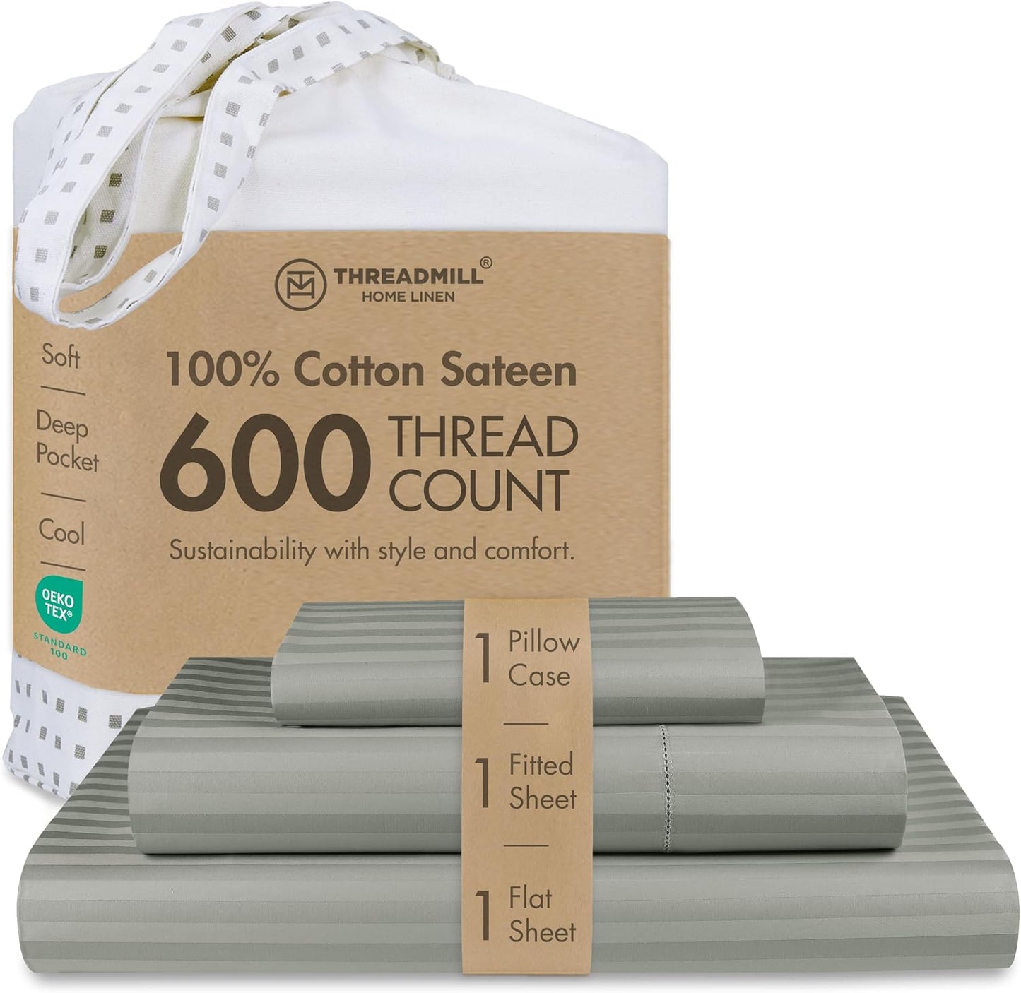 Threadmill 100% Cotton Sheets for Queen Size Bed - 600 Thread Count Queen Bed Sheets Set with 16” Deep Pocket - Sateen Weave 4-Piece Bedding Set with Cooling Effect, White