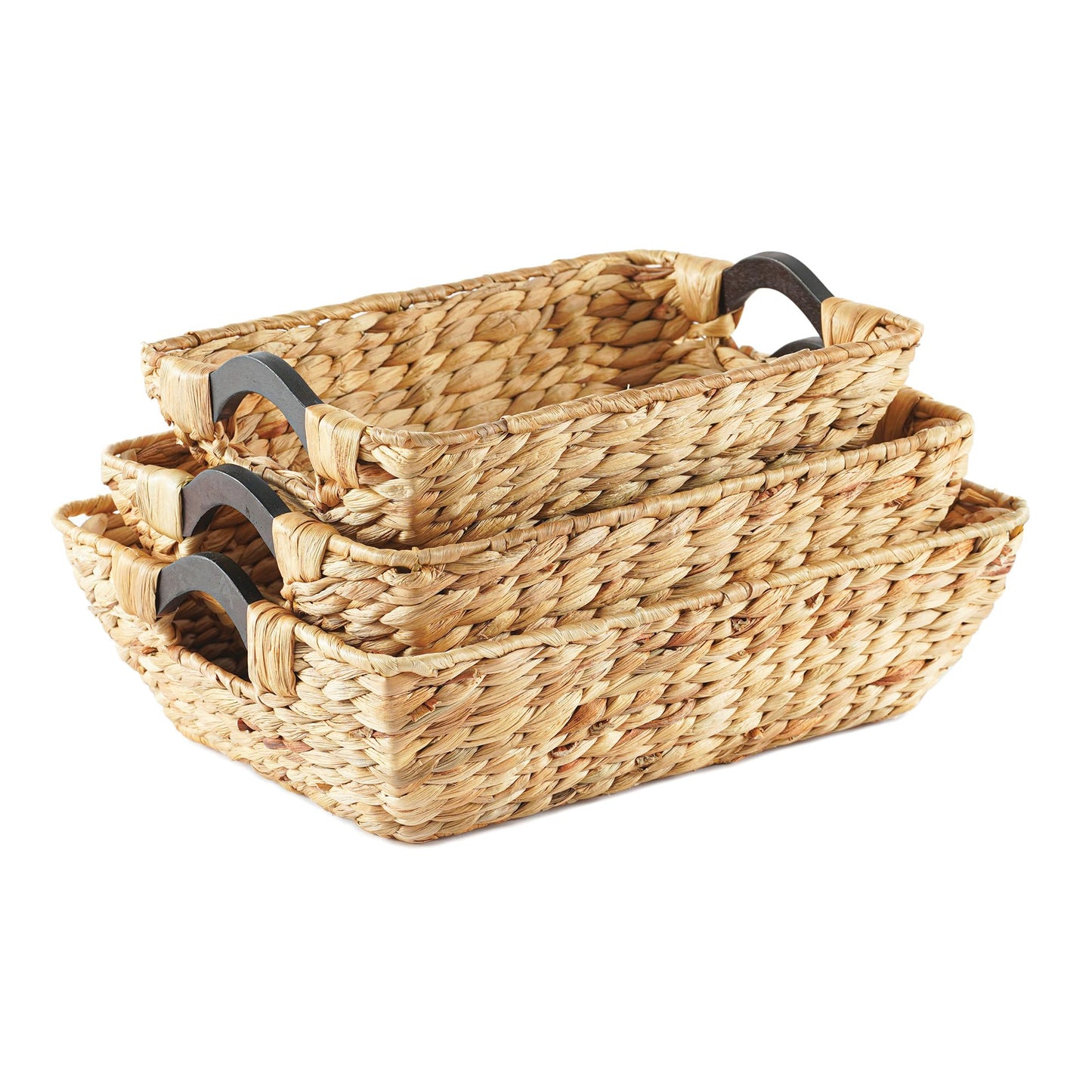Greenatural Water Hyacinth Storage Baskets - Natural - Set of 3 - Hand-Woven Rectangle Baskets with Wooden Handles