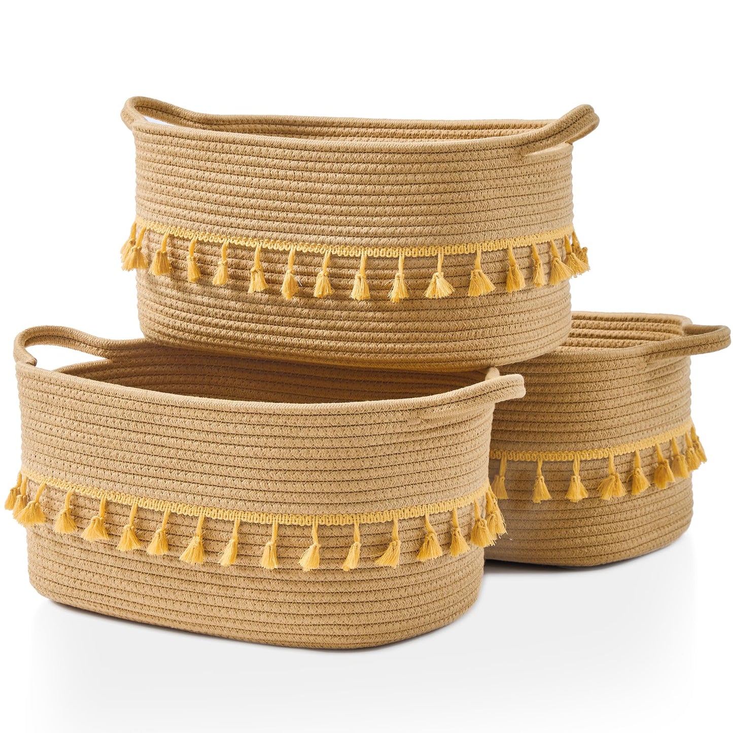 BUBUSUN Woven Cotton Rope Storage Baskets - Set of 3 - 36 cm x 23 cm x 20 cm - Rectangle Baskets with Handles