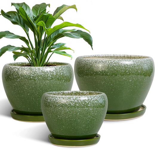 EPFamily Ceramic Pots for Plants - 25cm + 20cm + 15cm Round Decorative Planters with Drainage Holes and Saucers - Set of 3
