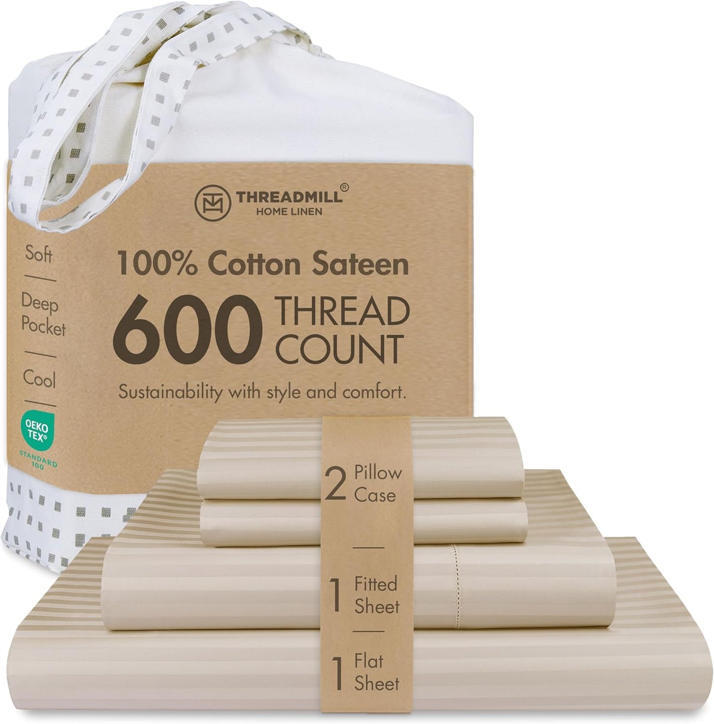 Threadmill 100% Cotton Sheets for Queen Size Bed - 600 Thread Count Queen Bed Sheets Set with 16” Deep Pocket - Sateen Weave 4-Piece Bedding Set with Cooling Effect, White
