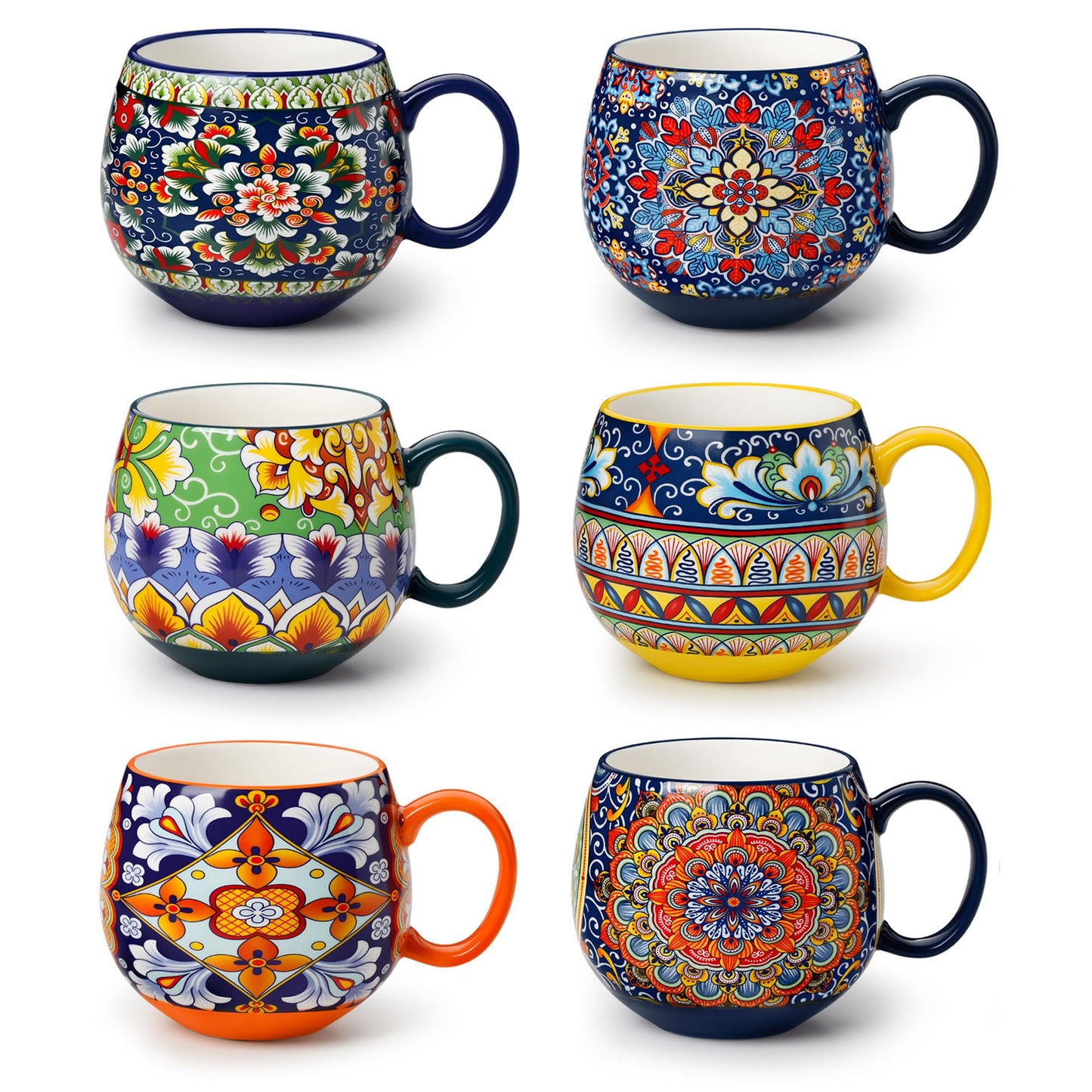vancasso Coffee Mugs Set of 6 - 475ml - Porcelain - Colourful Boho Design