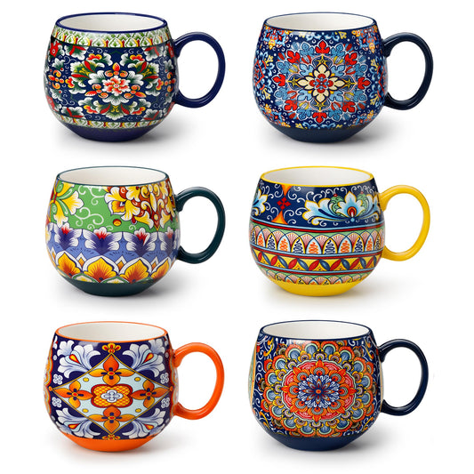 vancasso Coffee Mugs Set of 6 - 475ml - Porcelain - Colourful Boho Design