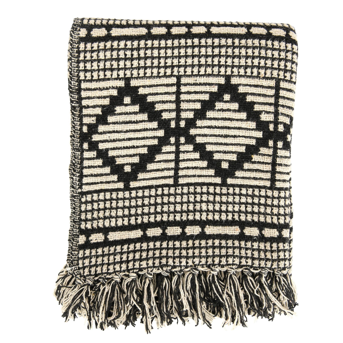 Bloomingville Reclaimed Cotton Blend Throw Blanket — Diamond Pattern & Fringe, 127 × 152 cm, Black & Beige