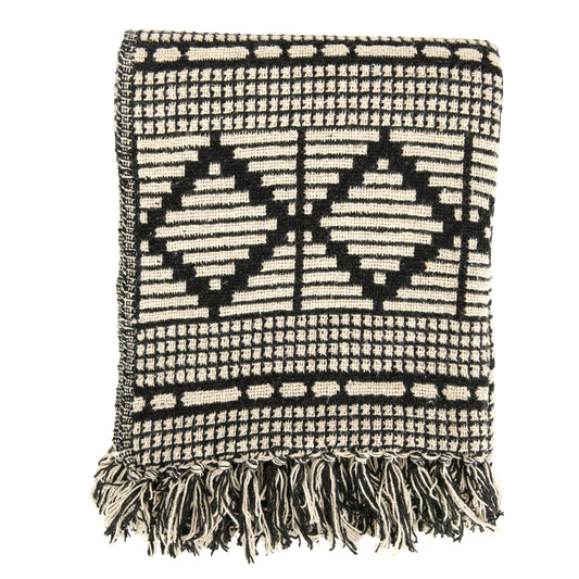 Bloomingville Reclaimed Cotton Blend Throw Blanket — Diamond Pattern & Fringe, 127 × 152 cm, Black & Beige
