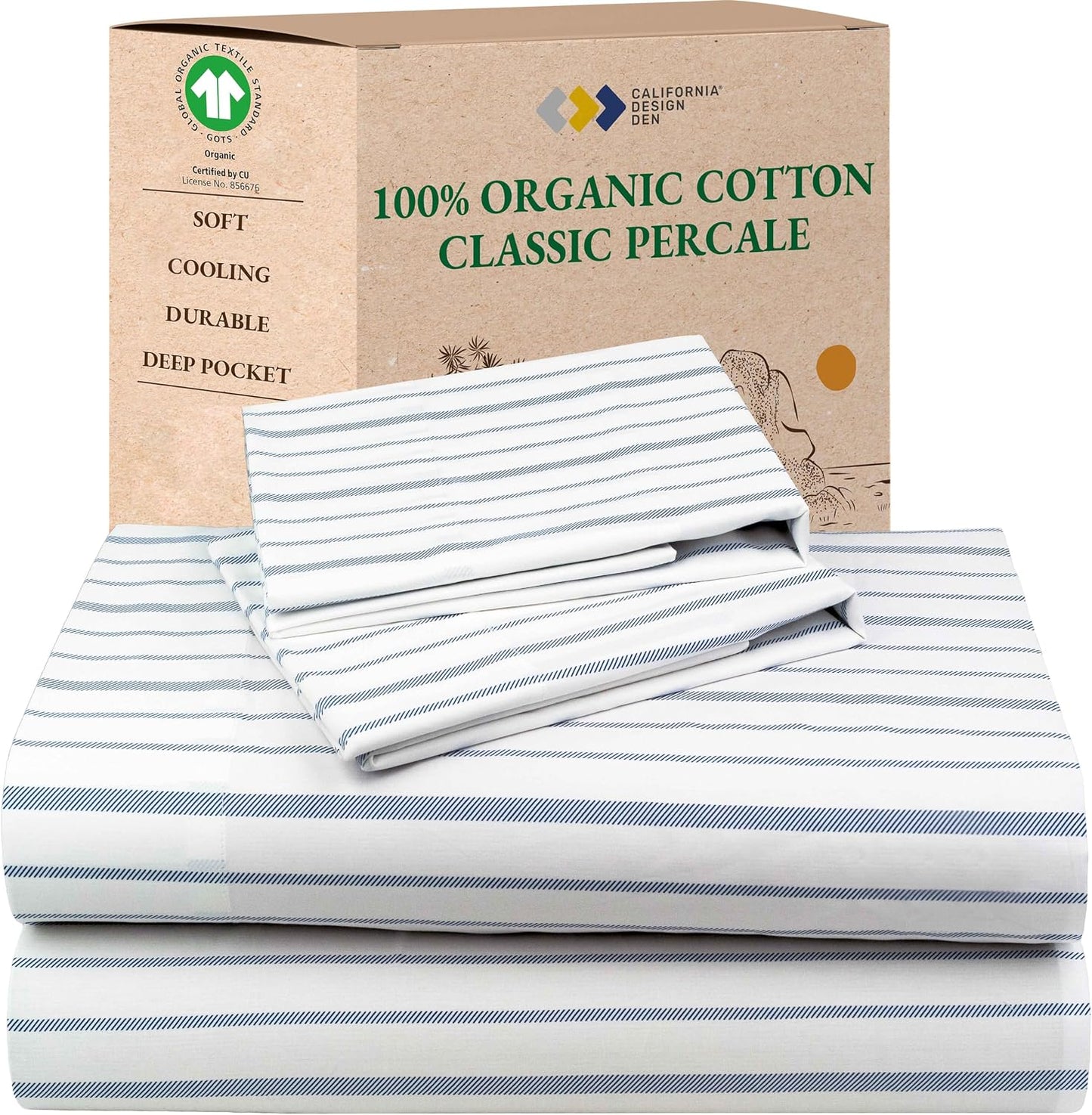 California Design Den 100% Organic Cotton Sheets for Queen Size Bed, Deep Pockets, Percale Sheets Queen, GOTS Certified, Soft Cooling Sheets, 4 Piece Bed Sheets Queen Sheet Set, White Sheets