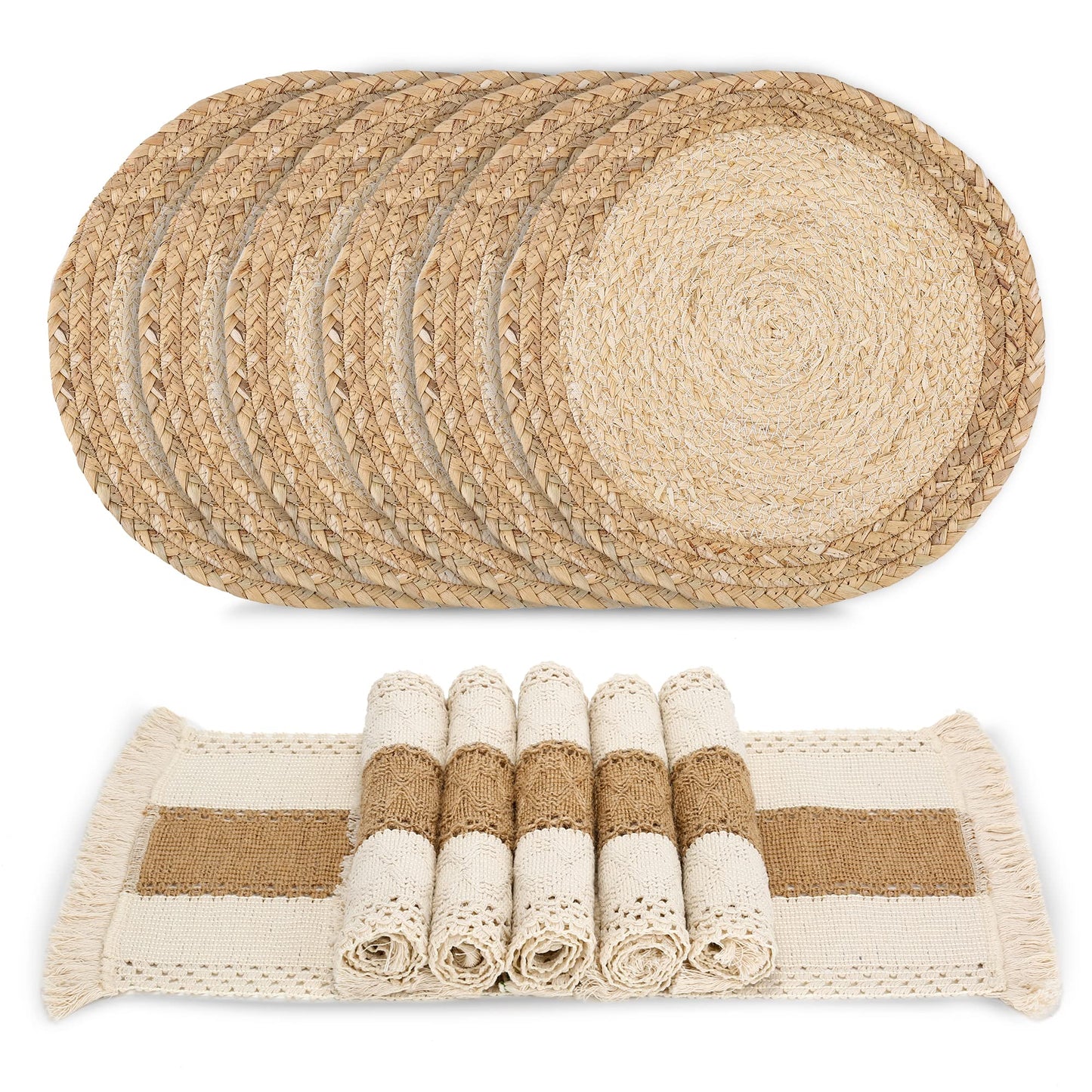Zology Handmade Boho Placemats Set of 6 - Natural Cotton Burlap and Water Straw Woven