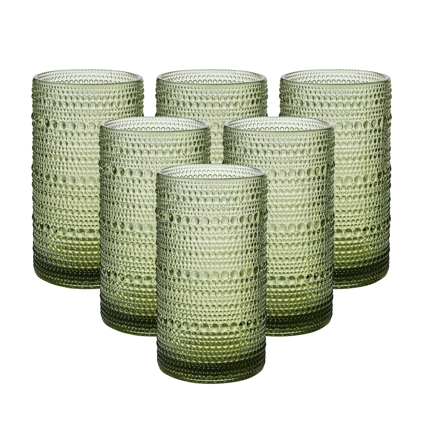 HEFBCOMK Vintage Glassware Drinking Glasses Set of 6 - 470ml Hobnail Glass Cups - Embossed Green Water Tumbler