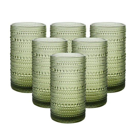 HEFBCOMK Vintage Glassware Drinking Glasses Set of 6 - 470ml Hobnail Glass Cups - Embossed Green Water Tumbler