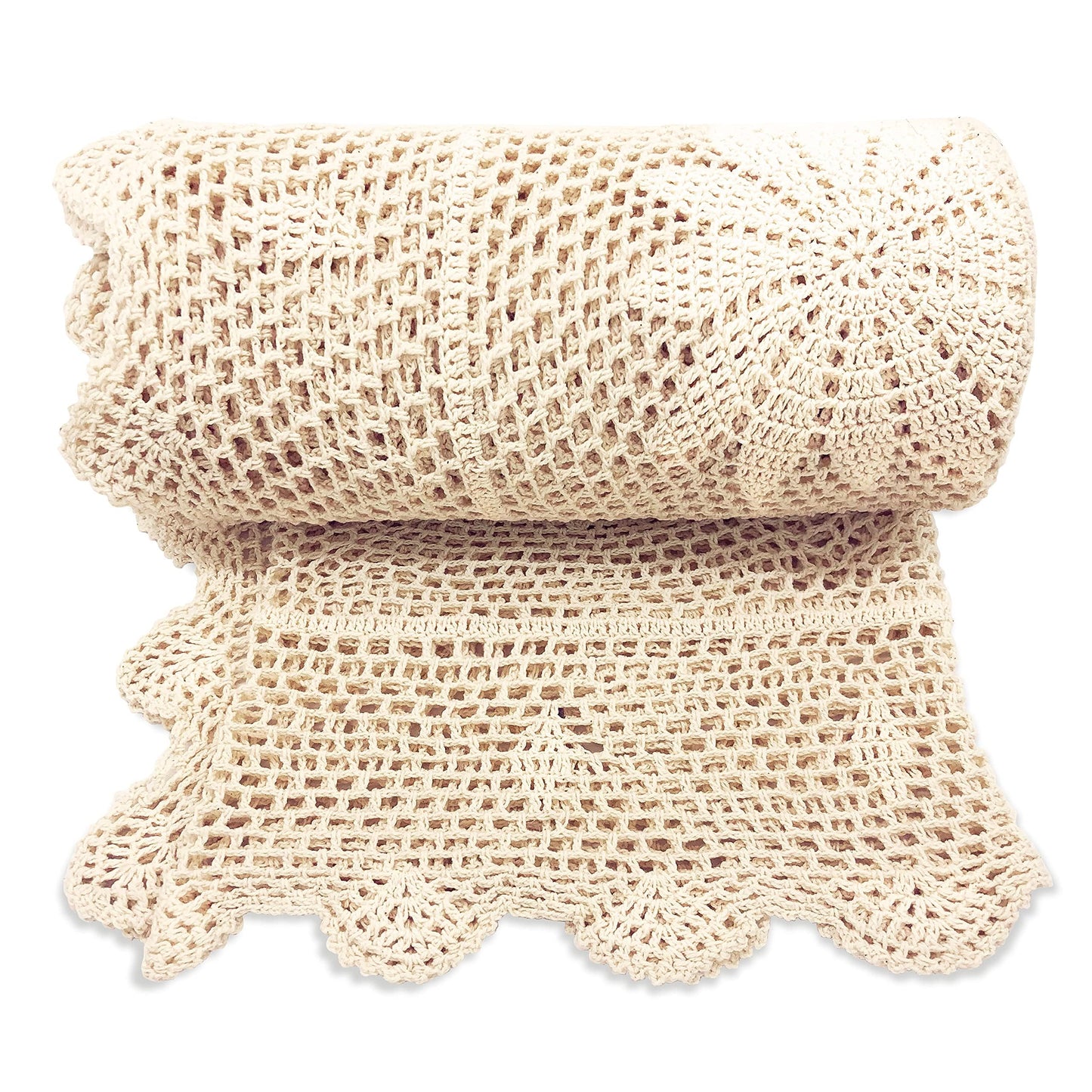 Zenviro Handmade Boho Crochet Throw Blanket — 100% Cotton, Vintage Lace Design, 127 × 152 cm, Natural