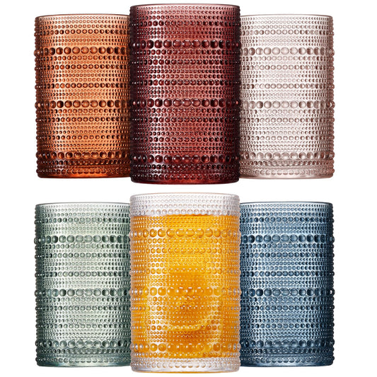 Mfacoy Coloured Hobnail Drinking Glasses Set of 6 - 350ml Vintage Kitchen Glassware - Embossed Beaded Glass Cups
