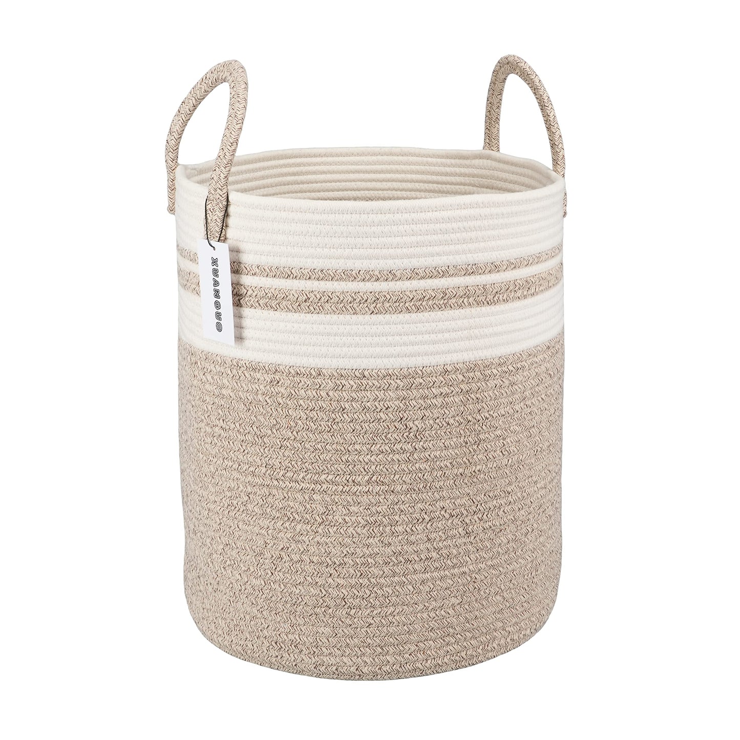 Cotton Rope Laundry Basket - Brown and White - 38 cm x 46 cm - Tall Woven Storage Hamper with Handles