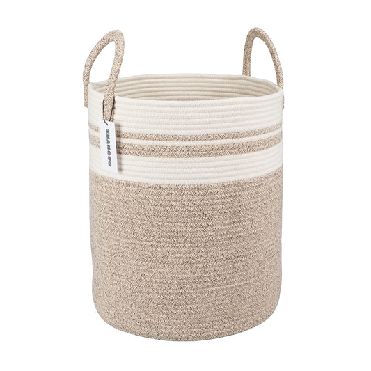 Cotton Rope Laundry Basket - Brown and White - 38 cm x 46 cm - Tall Woven Storage Hamper with Handles