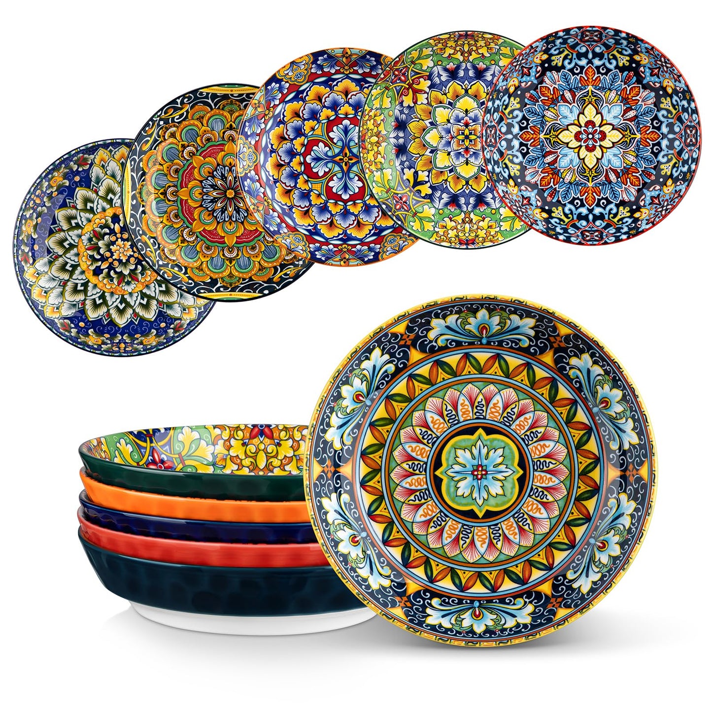 vancasso 950ml Pasta Bowls Sets of 6 - Ceramic Large Colourful Salad Serving Bowls