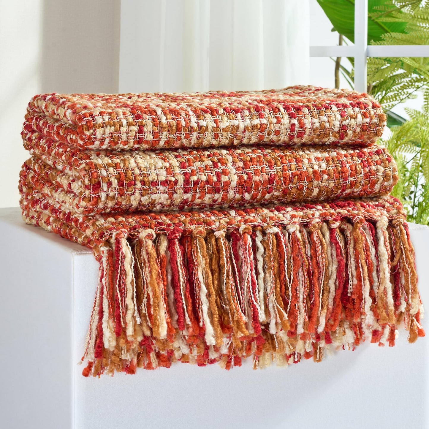 GINAMUSE Boho Cable Knit Throw Blanket with Tassels — 127 × 152 cm, Multi-Colour