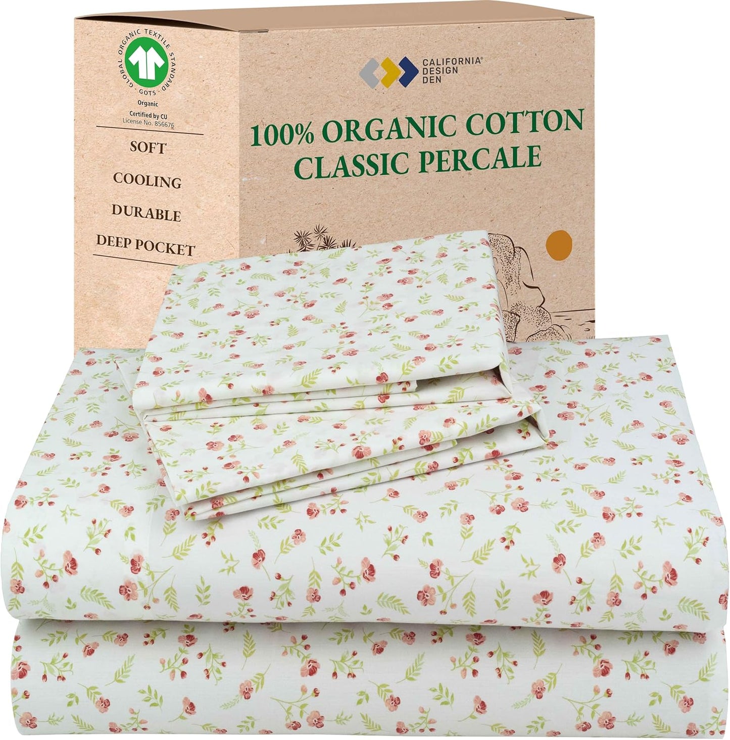 California Design Den 100% Organic Cotton Sheets for Queen Size Bed, Deep Pockets, Percale Sheets Queen, GOTS Certified, Soft Cooling Sheets, 4 Piece Bed Sheets Queen Sheet Set, White Sheets